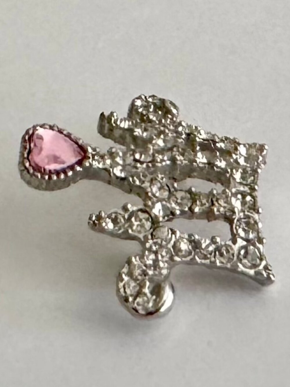 Vintage Silver Tone Rhinestone Crown Brooch Pink Heart Crystal Pin, MINT! - Picture 9 of 9